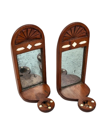 Pair of Antique Scrimshaw Inlaid Mirrored Sconces