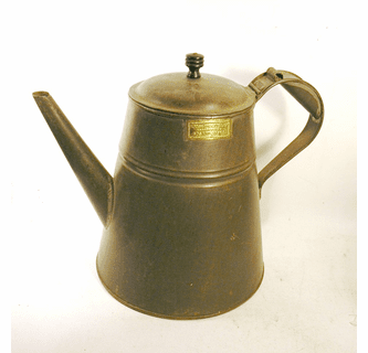 Antique American tin coffee pot with maker's label