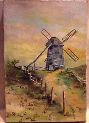 Folky oil on canvas painting of the Old Mill, Nantucket.