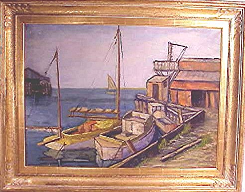 Oil on canvas of Old Steamboat Wharf, Nantucket