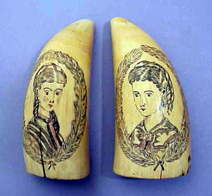 Pair antique scrimshaw "Sisters" teeth