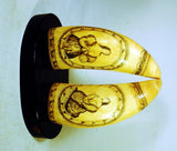 Rare pair of antique American scrimshaw teeth BANKNOTE ENGRAVER