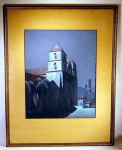 Vintage painting of  Mission Santa Barbara by John Hare
