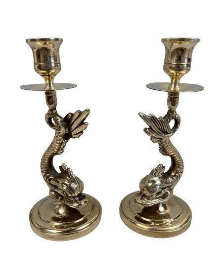 Vintage Pair of Brass Dolphin Candlesticks