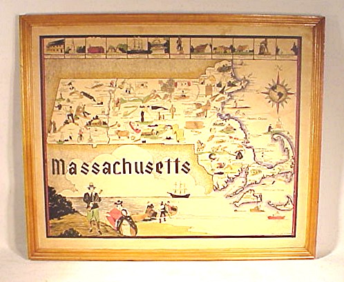 Vintage printed map of Massachusetts circa 1930's.