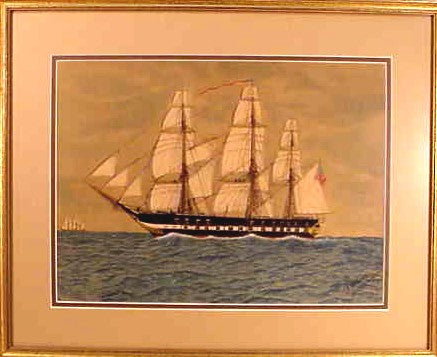 Watercolor on paper of a frigate - signed and dated
