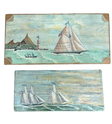 Two Antique Folk Art Ship Paintings by John R. Robinson circa 1850.