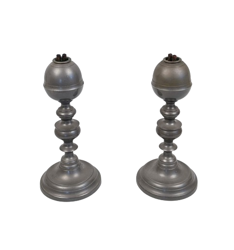 Pair of Antique Pewter Whale Oil Lamps - R. Gleason