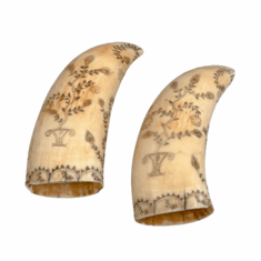 Pair of Antique Scrimshaw Teeth with Floral Designs