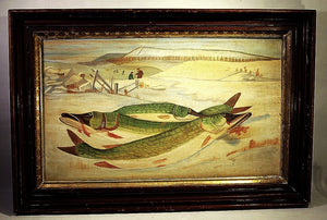 Antique American folk painting of fishing for PICKEREL