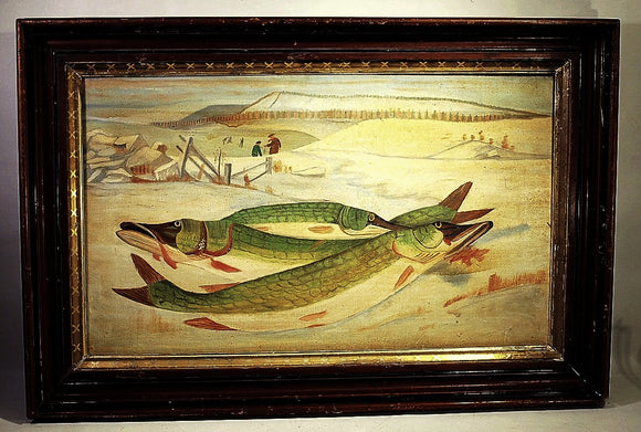 Antique American folk painting of fishing for PICKEREL