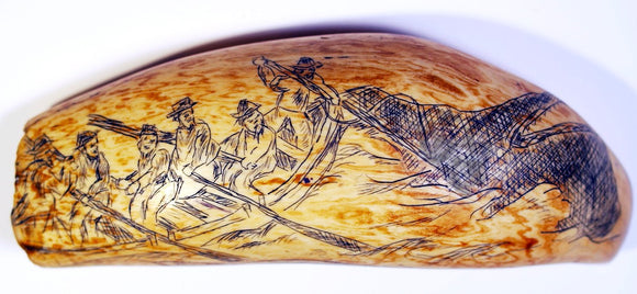 Antique American scrimshaw tooth WHALING SCENE