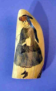 Antique American scrimshaw tooth with a young lady