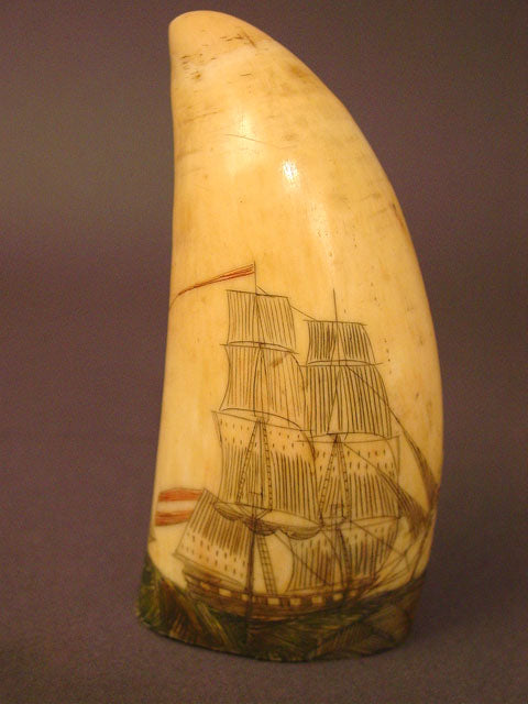 Antique American scrimshaw tooth with three ships
