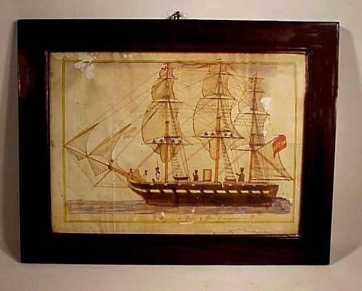 Antique folk art watercolor of Spanish ship portrait