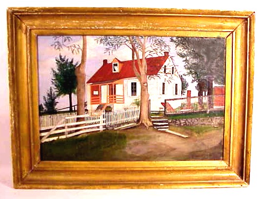 Antique folky landscape with red roof cottage.
