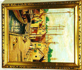Antique oil on canvas board WHARF SCENE