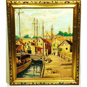 Antique oil on canvas board WHARF SCENE