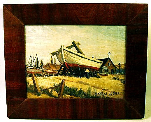 Antique oil on panel BOATYARD by Matthew Geddes