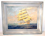 Antique oil painting of  three-masted ship by Vivian F. Porter.