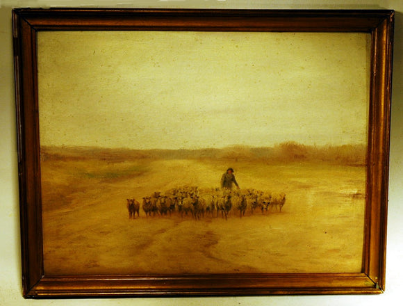Antique oil painting SHEEP HERDING ON NANTUCKET