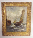 Antique painting on glass Harbor scene