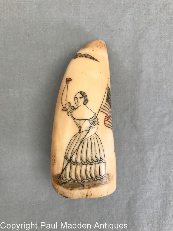 Antique Scrimshaw Sperm Whale Tooth with Lady Liberty