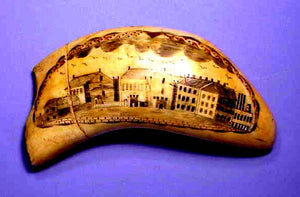 Antique scrimshaw tooth with rare cityscape
