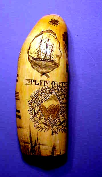 Antique scrimshaw tooth with USS PLYMOUTH