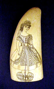 Antique scrimshaw tooth with Victorian girl