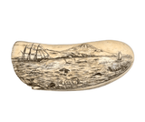 Antique Scrimshaw Tooth with Whaling Scene by Barreto