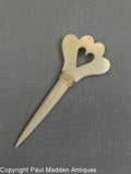Antique Scrimshaw Triple Heart Bodkin