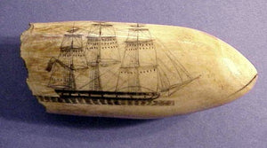 Antique scrimshaw whale's tooth with large ship