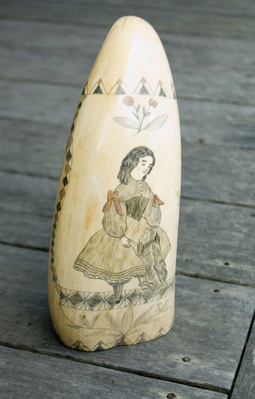 Antique Sperm Whale Tooth with Girl & Dog