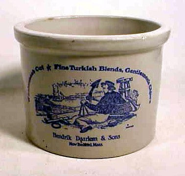 Antique stoneware tobacco crock from New Bedford.