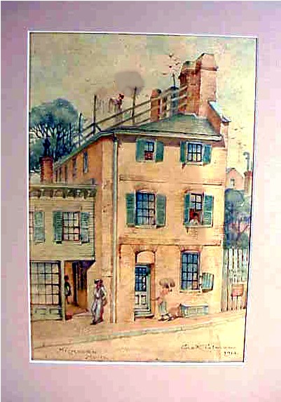 Antique watercolor of historic Boston house.
