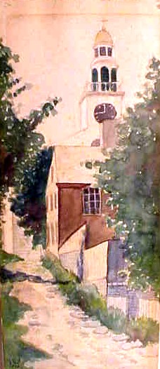 Antique watercolor of Stone Alley, Nantucket