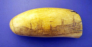 Choice antique American scrimshaw tooth HARBOR SCENES