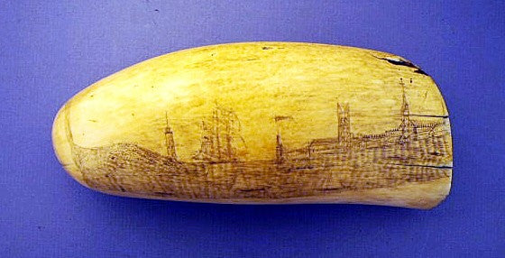 Choice antique American scrimshaw tooth HARBOR SCENES