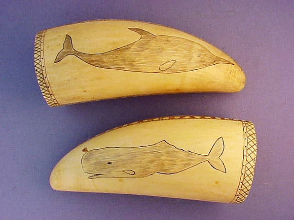 Choice pair of antique scrimshaw  teeth with sea life.