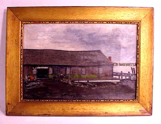 Folk art oil on canvas of New Bedford boat house.