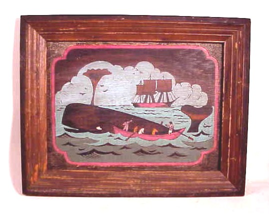 Follky oil on panel of Whale Hunt
