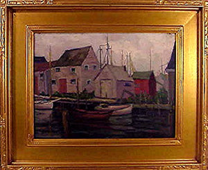 Oil on board painting of Nantucket wharves by Anne Waldron