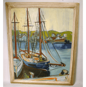 Oil on board wharf scene with boats.