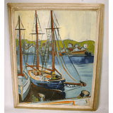Oil on board wharf scene with boats.