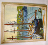 Oil on board wharf scene with boats.