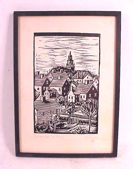 Original linoleum block print of Nantucket