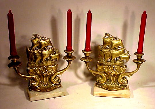 Pair antique brass ship candelabras