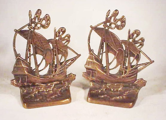 Pair antique cast brass GALLEON bookends