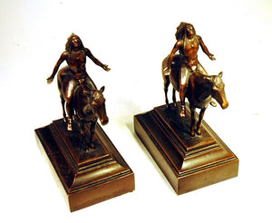 Pair antique cast figure of Indian and horseback